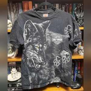 Vintage 90s Harley Davidson Wolf All Over Print Double Sided Shirt Mens Size M